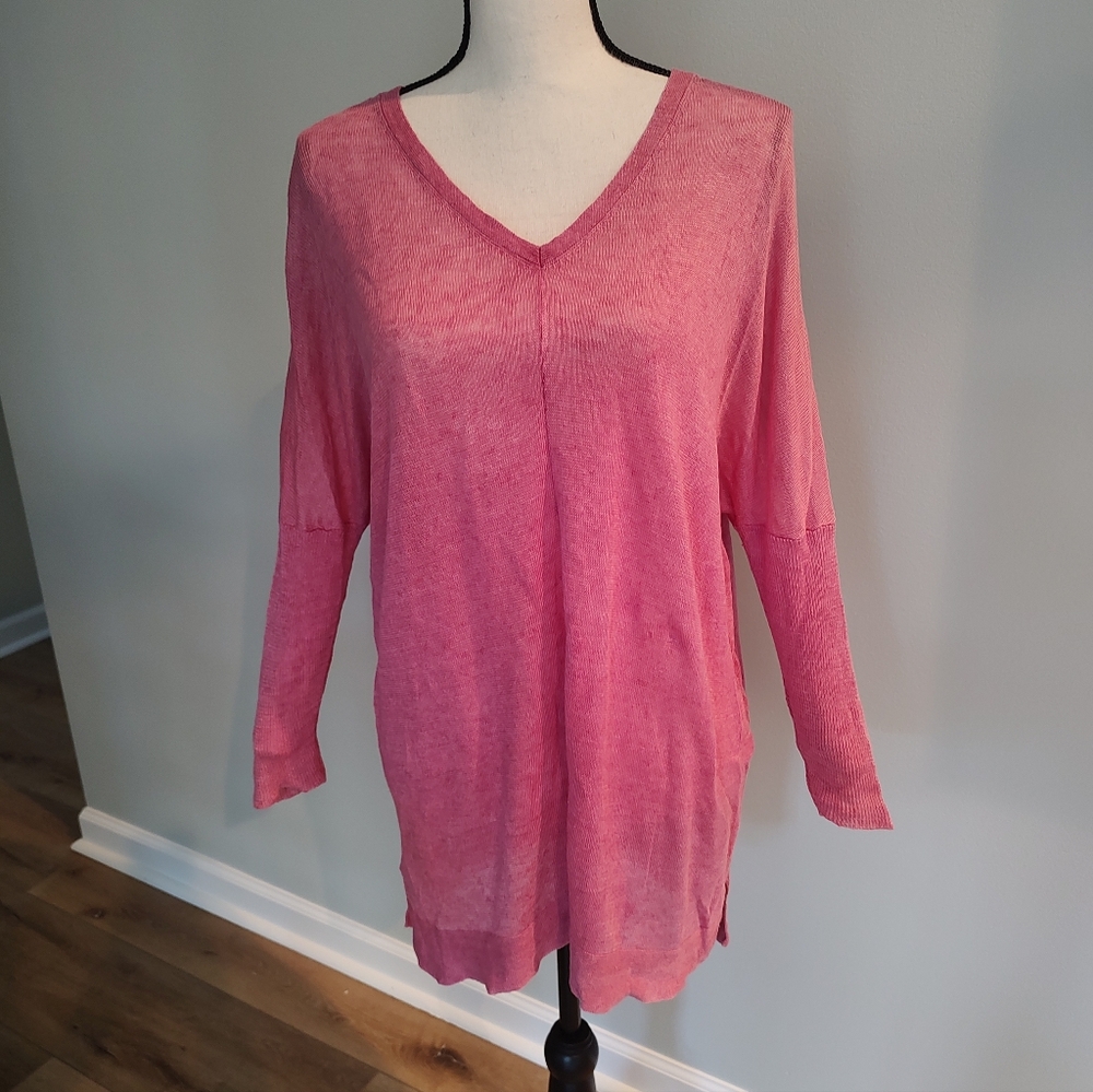 Eileen Fisher Tunic Top Linen V-Neck Dolman Sleeve Lagenlook Primrose Pi…